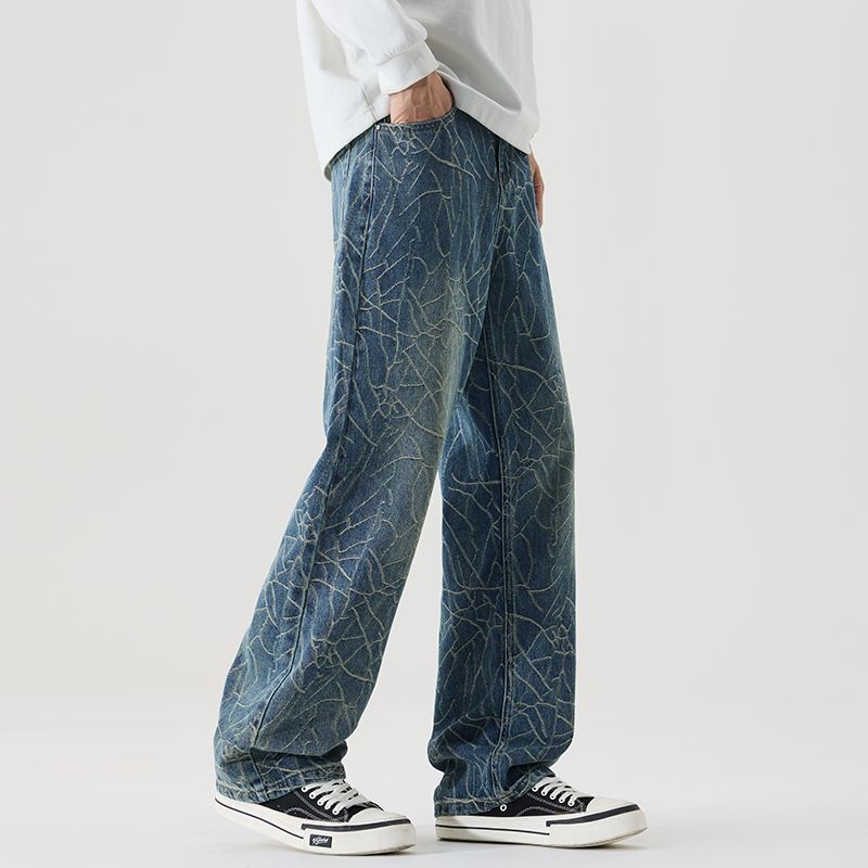 Muške traperice od denima, gradski stil, oversize, široke nogavice, pamuk denim, zatvaranje na gumbe, višestruki džepovi