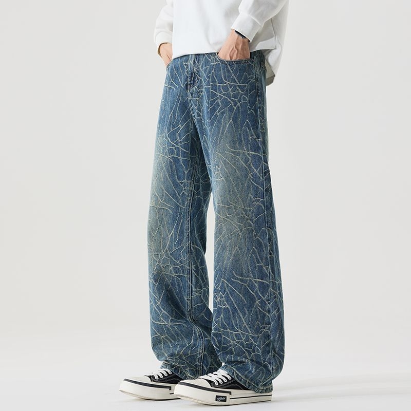 Muške traperice od denima, gradski stil, oversize, široke nogavice, pamuk denim, zatvaranje na gumbe, višestruki džepovi