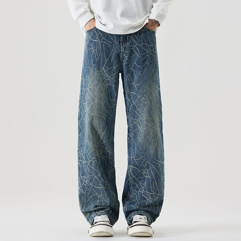 Muške traperice od denima, gradski stil, oversize, široke nogavice, pamuk denim, zatvaranje na gumbe, višestruki džepovi