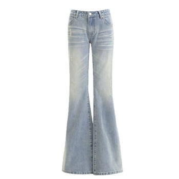 Ženske traperice s niski strukom, blago proširene, denim, 80–90% pamuka, završna obrada pranjem