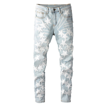 Muške denim hlače s kožnim zakrpom u obliku petokrake zvijezde, uski kroj, srednji pojas, ziper, 90% pamuka