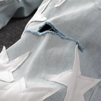 Muške denim hlače s kožnim zakrpom u obliku petokrake zvijezde, uski kroj, srednji pojas, ziper, 90% pamuka