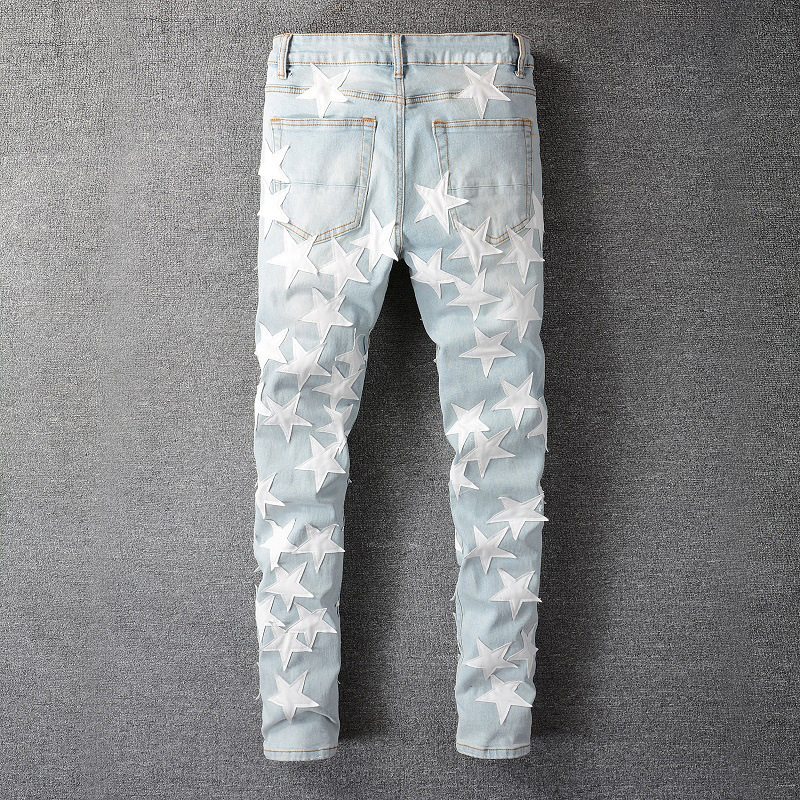 Muške denim hlače s kožnim zakrpom u obliku petokrake zvijezde, uski kroj, srednji pojas, ziper, 90% pamuka