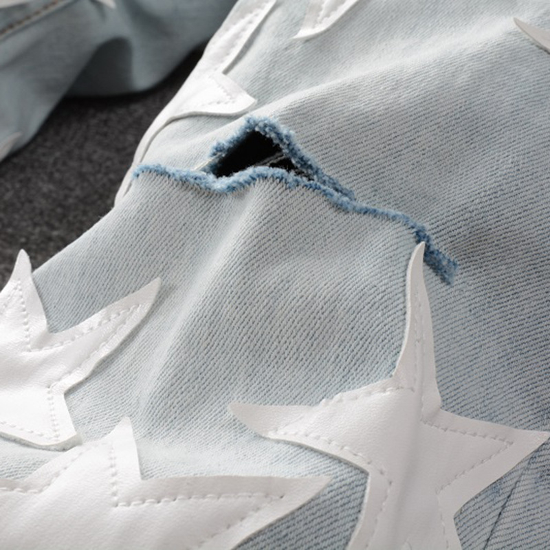 Muške denim hlače s kožnim zakrpom u obliku petokrake zvijezde, uski kroj, srednji pojas, ziper, 90% pamuka
