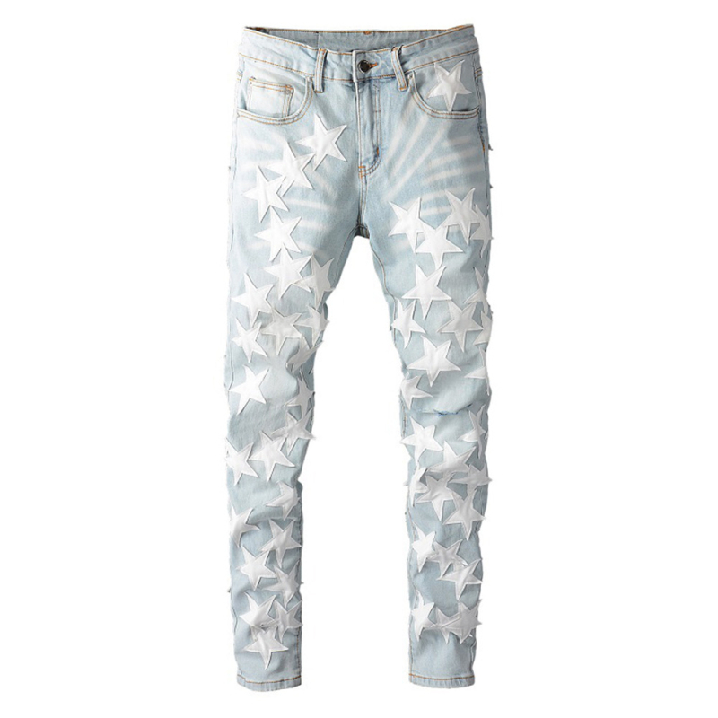 Muške denim hlače s kožnim zakrpom u obliku petokrake zvijezde, uski kroj, srednji pojas, ziper, 90% pamuka