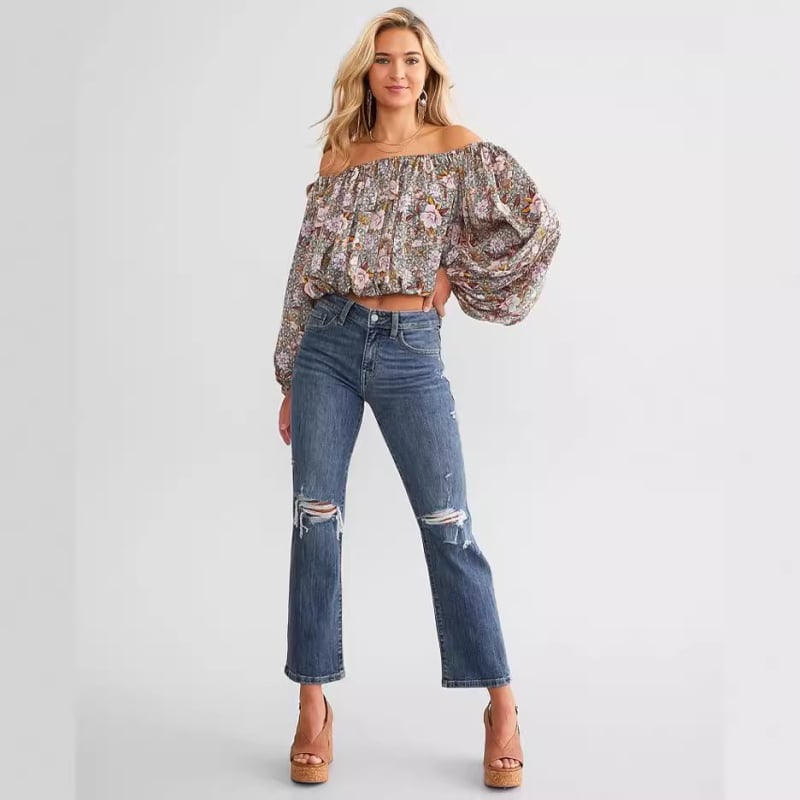 Ženske traperice s ravnim krojem, visokim strukom, 95% pamuk, Spandex <30%, mikroelastičnost