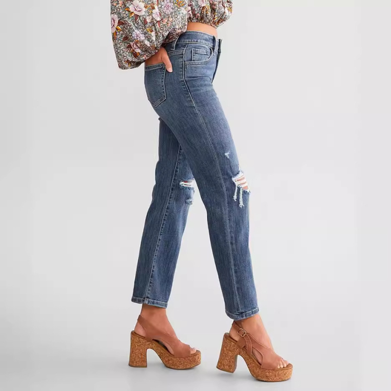 Ženske traperice s ravnim krojem, visokim strukom, 95% pamuk, Spandex <30%, mikroelastičnost