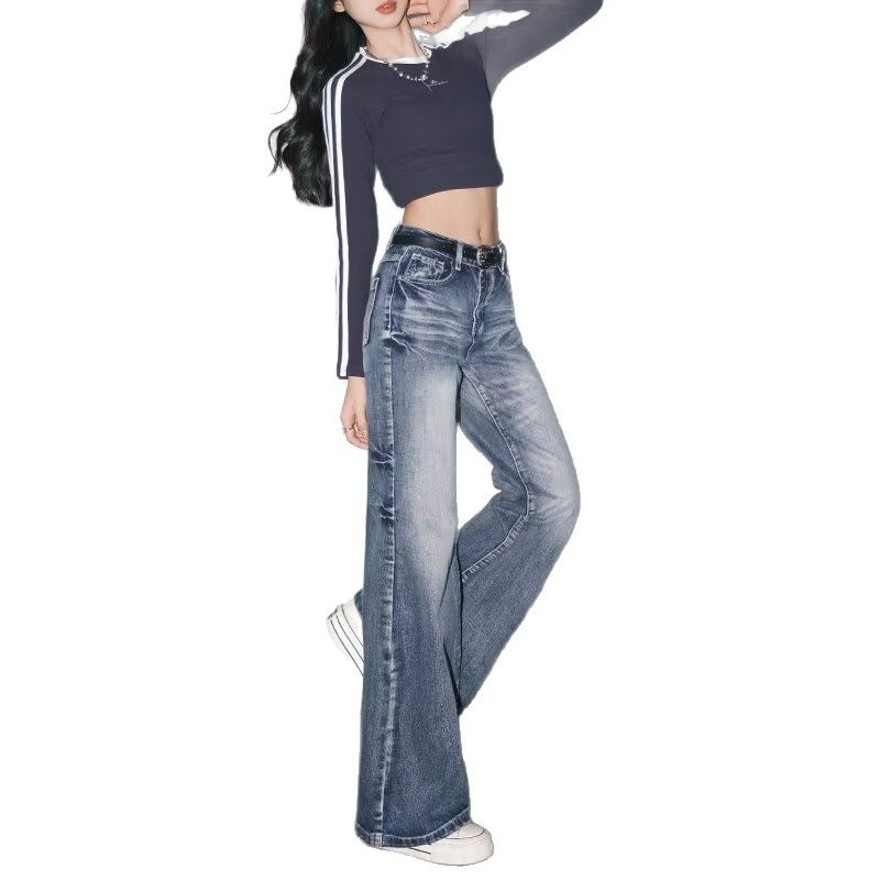 Γυναικείοι τζίν με ψηλή μέση, ευρεία γραμμή, denim ύφασμα, βαμβάκι 50–70% και πολυεστέρας 30–50%