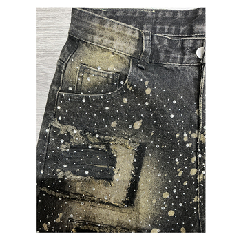 Muške traperice od denima, ravni kroj, srednja dužina, ukrašene rhinestones, hip-hop stil