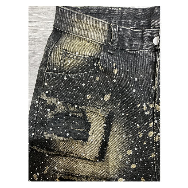 Muške traperice od denima, ravni kroj, srednja dužina, ukrašene rhinestones, hip-hop stil
