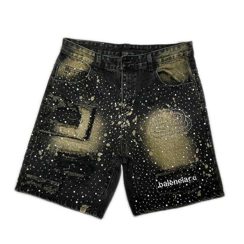 Muške traperice od denima, ravni kroj, srednja dužina, ukrašene rhinestones, hip-hop stil