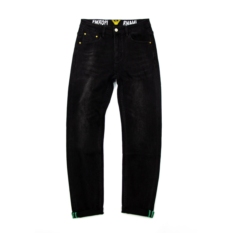 Muške traperice, slim straight kroj, srednji pojas, oprani pamučni denim, unutarnji print na pojasu, elastičnost
