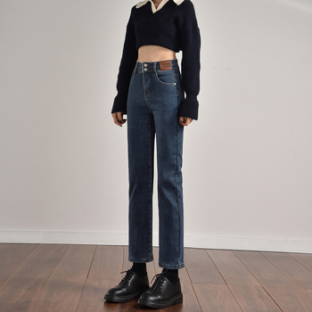 Ženske traperice s flisom, vintage ravne krojenje, visokim strukom, cigaret stil, debeli denim