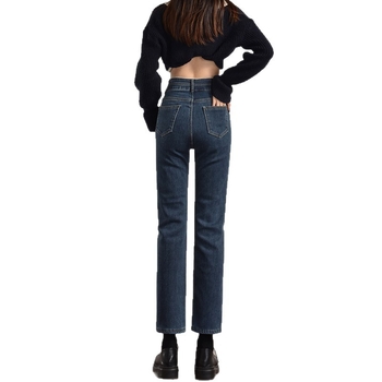 Ženske traperice s flisom, vintage ravne krojenje, visokim strukom, cigaret stil, debeli denim