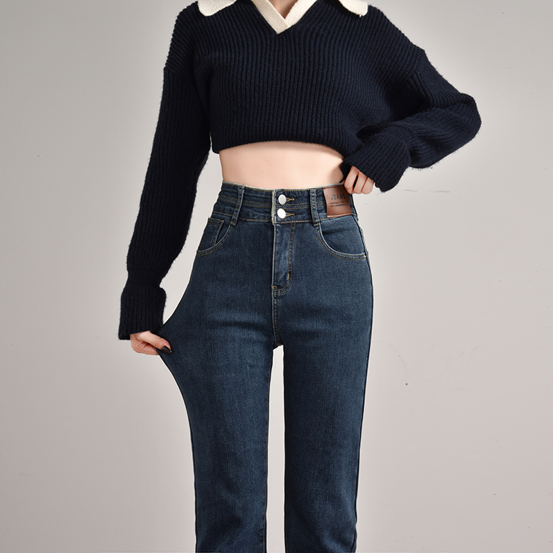Ženske traperice s flisom, vintage ravne krojenje, visokim strukom, cigaret stil, debeli denim