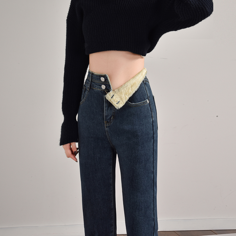 Ženske traperice s flisom, vintage ravne krojenje, visokim strukom, cigaret stil, debeli denim