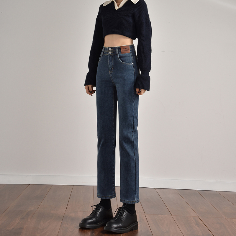 Ženske traperice s flisom, vintage ravne krojenje, visokim strukom, cigaret stil, debeli denim