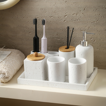 Kupaonica skladište, sedmerodijelni set od umjetnog pijeska, marke Pastoral forest — uključuje čašu za ispiranje usta, držač za četkice, bočicu za losion, bočicu za parfem, posudu za sapun i pladanj