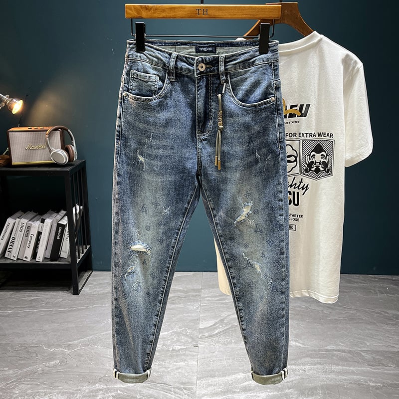 Muške cropped traperice - srednji pojas, zatvarač, 80% pamuk denim, mikroelastičnost, ravni kroj