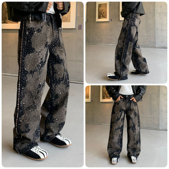 Muške široke ravne traperice s kamenčićima i otiskom, pamuk denim, srednji pojas, zatvarač