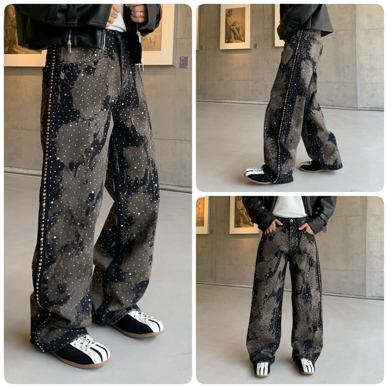 Muške široke ravne traperice s kamenčićima i otiskom, pamuk denim, srednji pojas, zatvarač