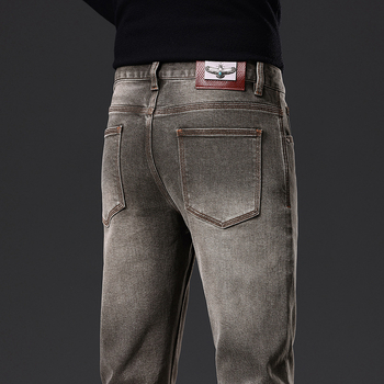 Muške traperice Slim Stretch, ravni kroj, denim od pamuka, srednja struka, zatvarač, stone wash, mikroelastičnost