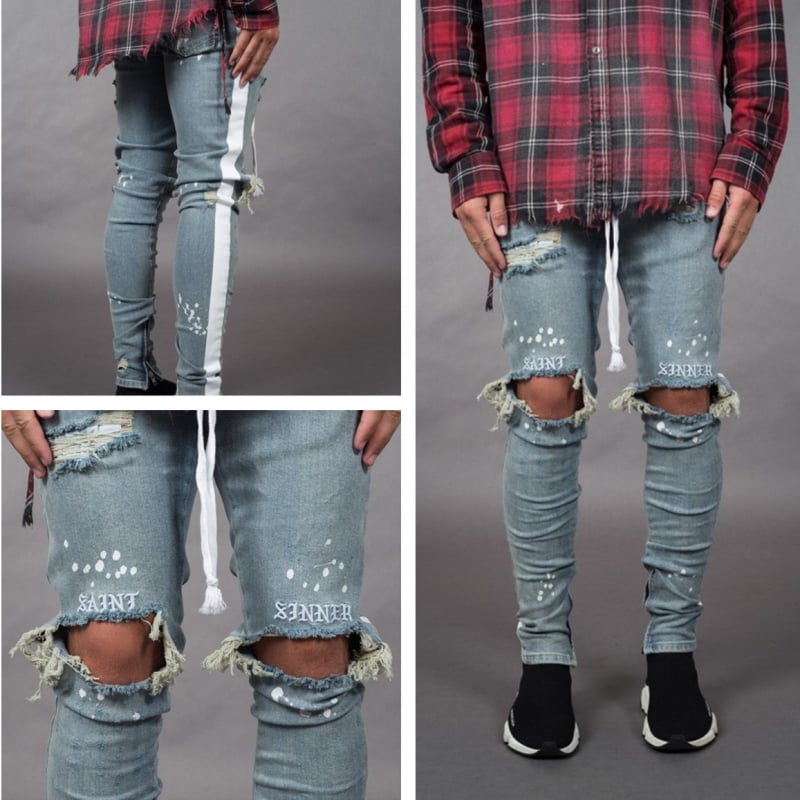 Traperice – uski ceruzasti kroj, srednji pojas, pamukasti denim s poderotinama, vezenje i splash ink pranje