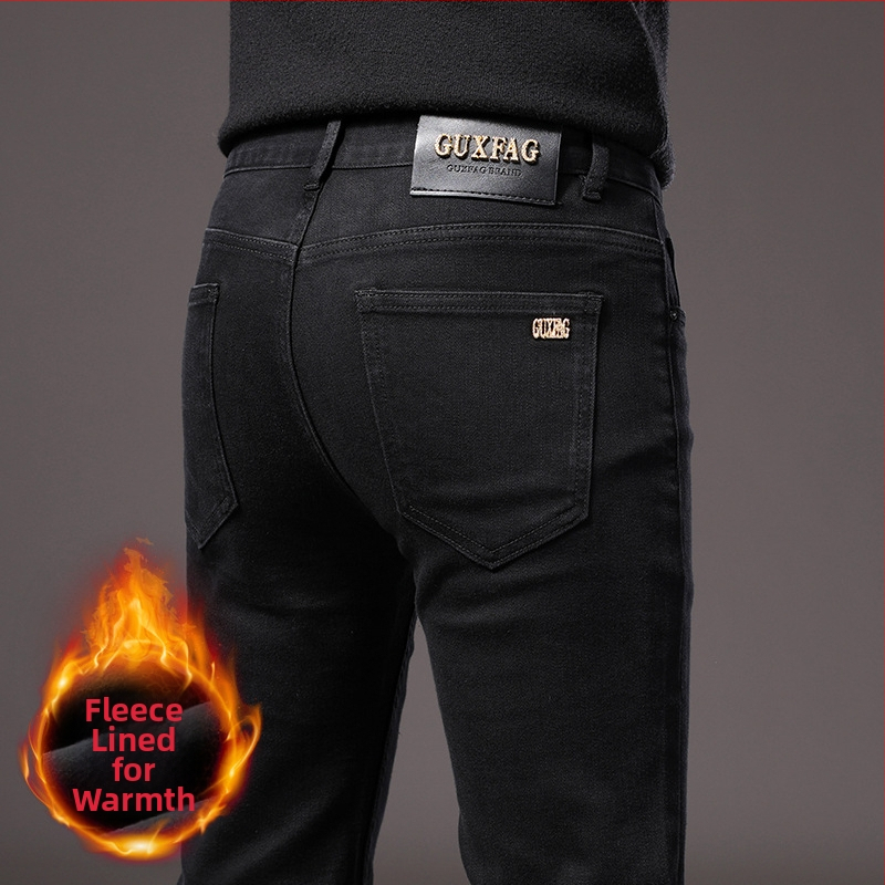 Muške denim hlače s flis podstavom, ravnog kroja, srednji pojas, zatvarač na zip, pamukova smjesa