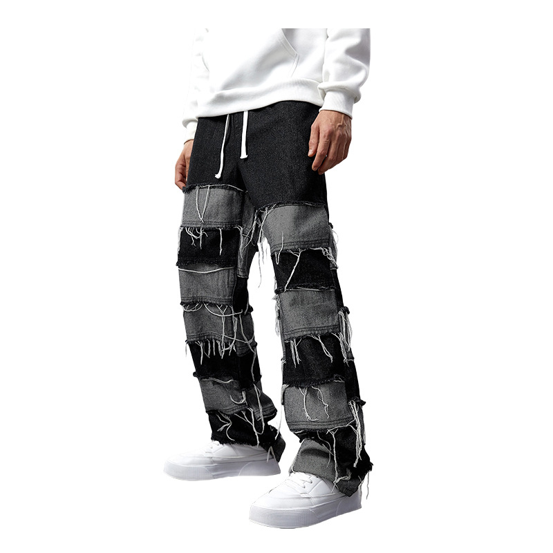 Jeans cu ciucuri și patchwork, croi drept, wide-leg, talie medie, amestec bumbac 90% / viscoză 5% / poliester 5%