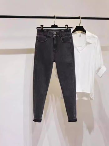 Дамски дънки с висока талия и разтегливост, клин кройка с бродерия, деним-памук-еластан смес