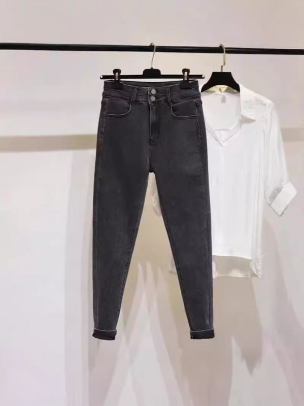 Дамски дънки с висока талия и разтегливост, клин кройка с бродерия, деним-памук-еластан смес