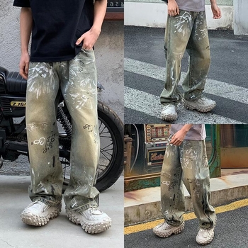 Graffiti traperice za muškarce – ravni kroj, srednje visoki struk, gumbasto zatvaranje, pamuk denim, proljeće 2025