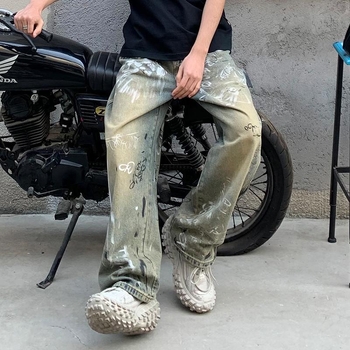 Graffiti traperice za muškarce – ravni kroj, srednje visoki struk, gumbasto zatvaranje, pamuk denim, proljeće 2025
