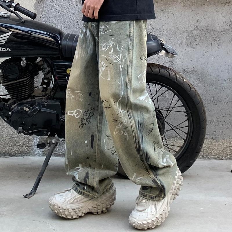 Graffiti traperice za muškarce – ravni kroj, srednje visoki struk, gumbasto zatvaranje, pamuk denim, proljeće 2025