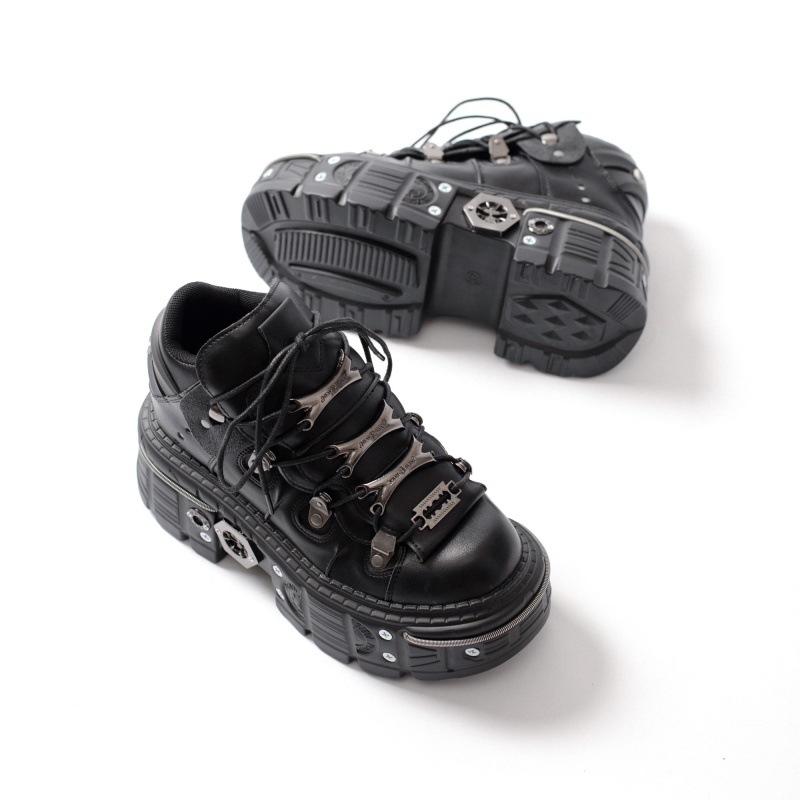 Adidași unisex cu talpă groasă, suprafață PU, vârf rotund, închidere cu șireturi, stil punk