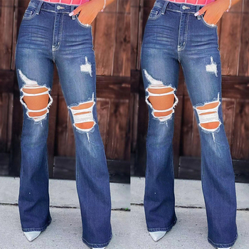 Ženske džins hlače s visokim strukom, distressed detalji i mikro-flare stil, ručna obrada, denim-mješavina s poliesterom 90–95%, ljeto 2023