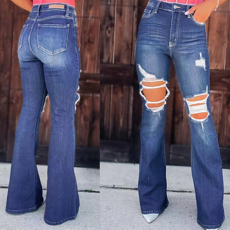 Ženske džins hlače s visokim strukom, distressed detalji i mikro-flare stil, ručna obrada, denim-mješavina s poliesterom 90–95%, ljeto 2023
