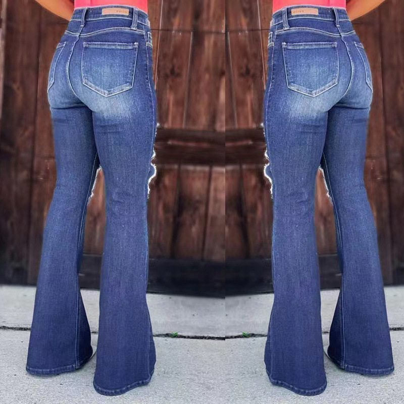Ženske džins hlače s visokim strukom, distressed detalji i mikro-flare stil, ručna obrada, denim-mješavina s poliesterom 90–95%, ljeto 2023