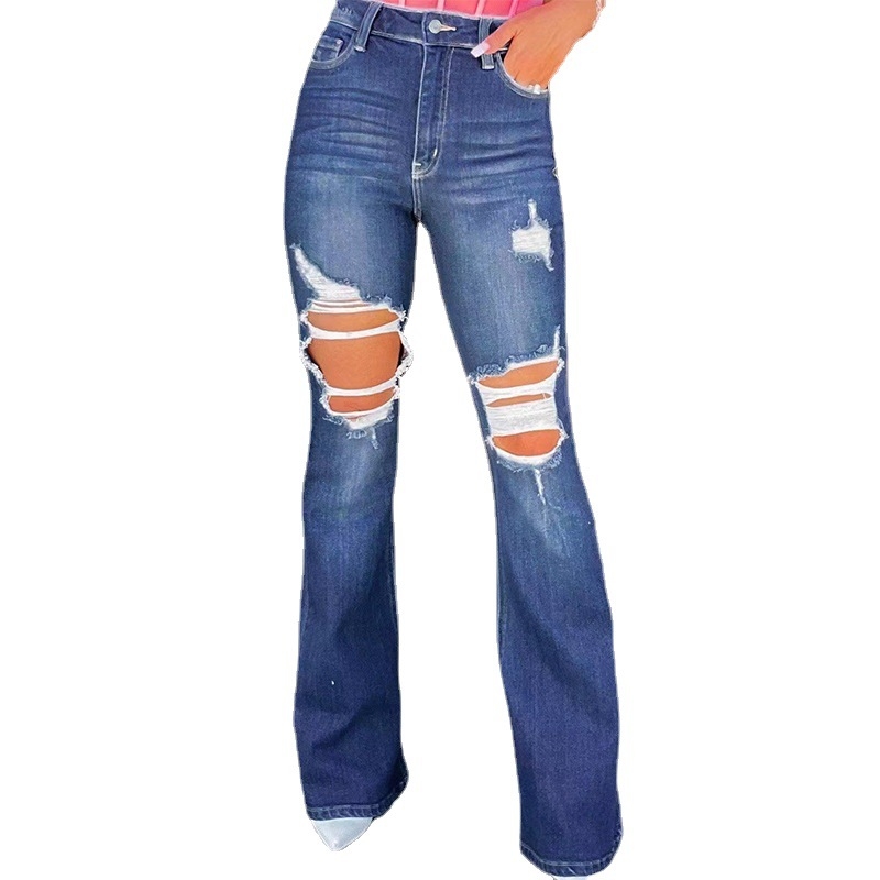 Ženske džins hlače s visokim strukom, distressed detalji i mikro-flare stil, ručna obrada, denim-mješavina s poliesterom 90–95%, ljeto 2023