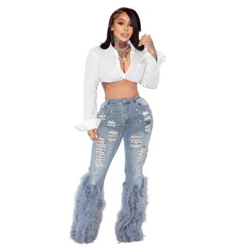 Džins MZ88600 – distressed s perlama i perima, ravni kroj, srednji pojas, denim s pamukom 70–80% i spandex <30%, visoka elastičnost