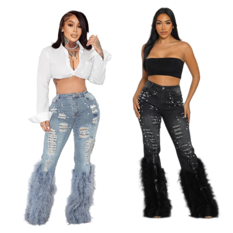 Džins MZ88600 – distressed s perlama i perima, ravni kroj, srednji pojas, denim s pamukom 70–80% i spandex <30%, visoka elastičnost