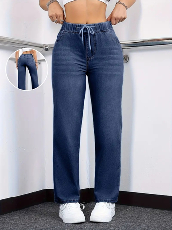 Ženske traperice ravnog kroja, srednji pojas sa vezicom i elastikom, denim tkanina 70–80% pamuk