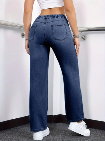 Ženske traperice ravnog kroja, srednji pojas sa vezicom i elastikom, denim tkanina 70–80% pamuk