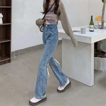 Traperice visokim pojasom i ravnim krojem, denim, 50-70% poliester i 30-50% pamuk, slobodan kroj