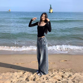 Ženske traperice od denima, širokih nogavica, srednjeg struka, street hipster stil, mješavina pamuka i poliestera 50–70%, jesen 2024