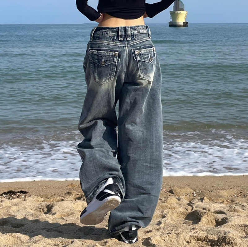 Ženske traperice od denima, širokih nogavica, srednjeg struka, street hipster stil, mješavina pamuka i poliestera 50–70%, jesen 2024