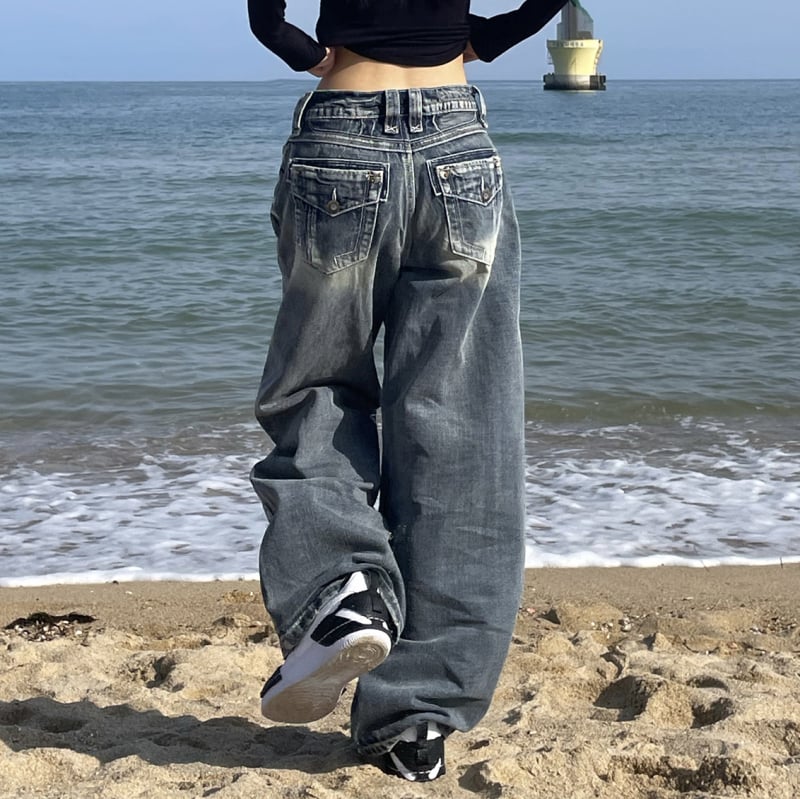 Ženske traperice od denima, širokih nogavica, srednjeg struka, street hipster stil, mješavina pamuka i poliestera 50–70%, jesen 2024