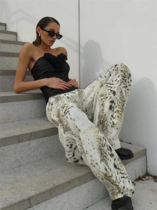 Ženske traperice od denima s leopard printom, američki vintage stil, široke nogavice, niski struk