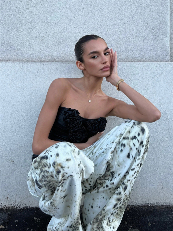 Ženske traperice od denima s leopard printom, američki vintage stil, široke nogavice, niski struk