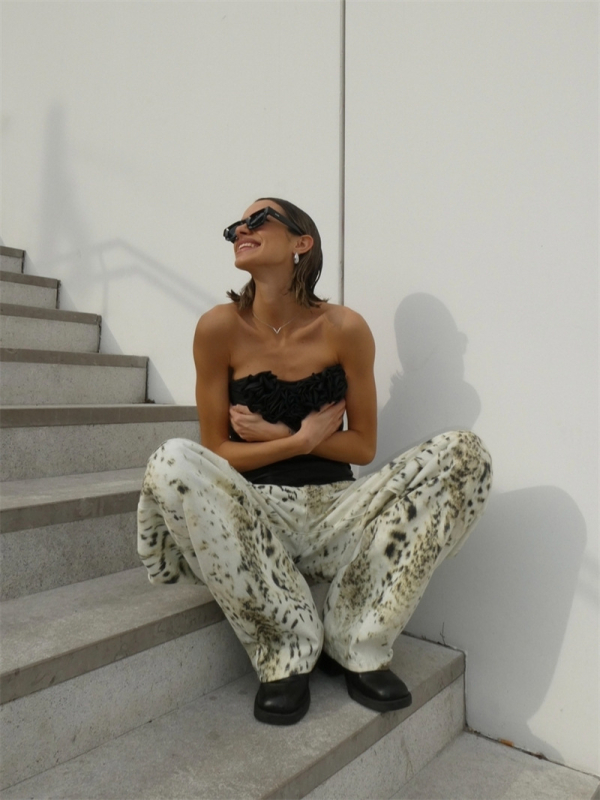 Ženske traperice od denima s leopard printom, američki vintage stil, široke nogavice, niski struk